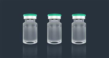 Single RTU vial for pharmaceutical filling solutions, part of Syntegon's packaging type selection process for customized production needs.