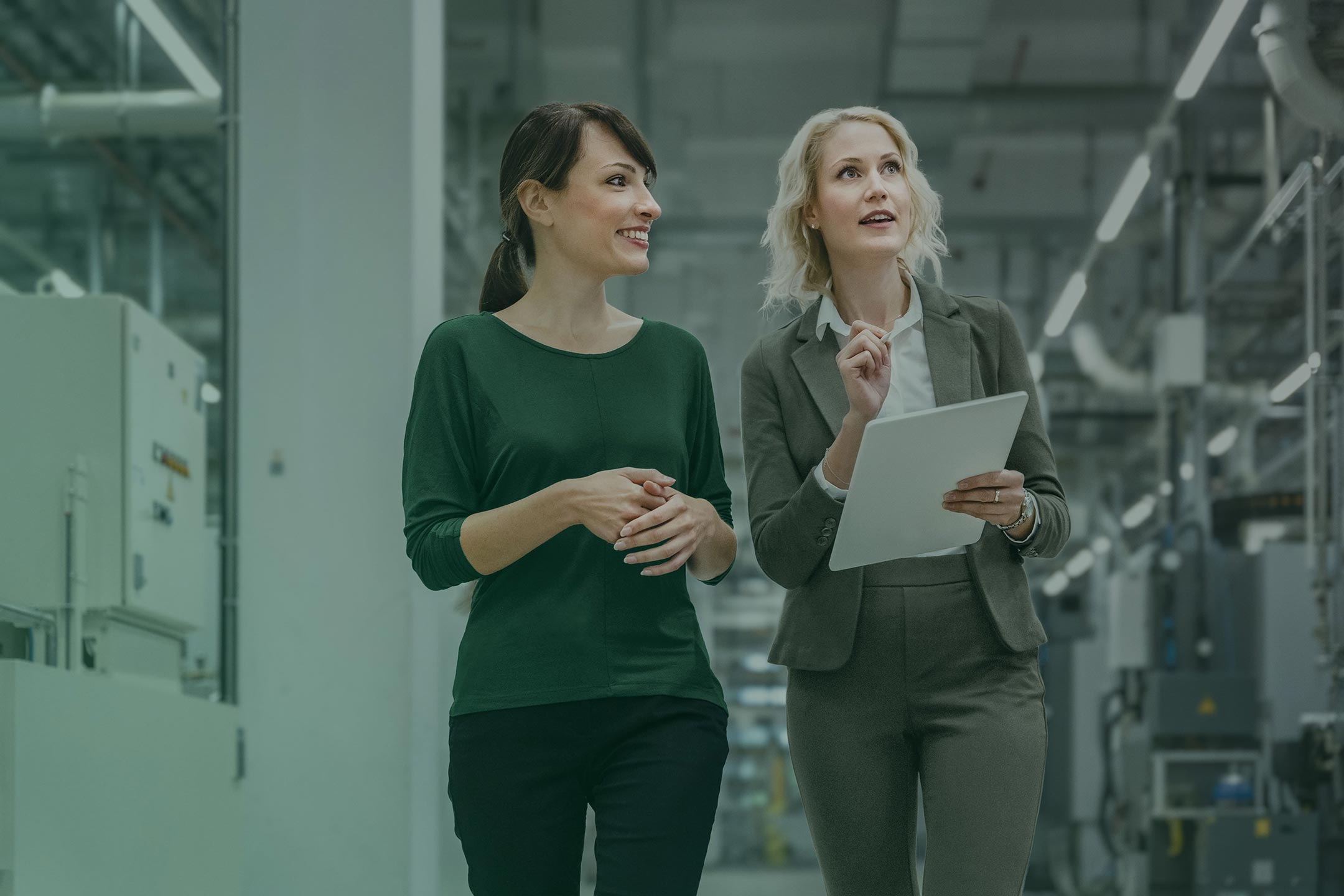 Businesswoman working with colleague in modern factory.